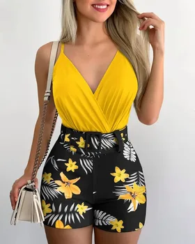 Women's Two-piece Beach Fashion Summer Suit Sexy Slim Short Top Shorts Printing Casual Suspenders Package Hips 2 Piece Set 1