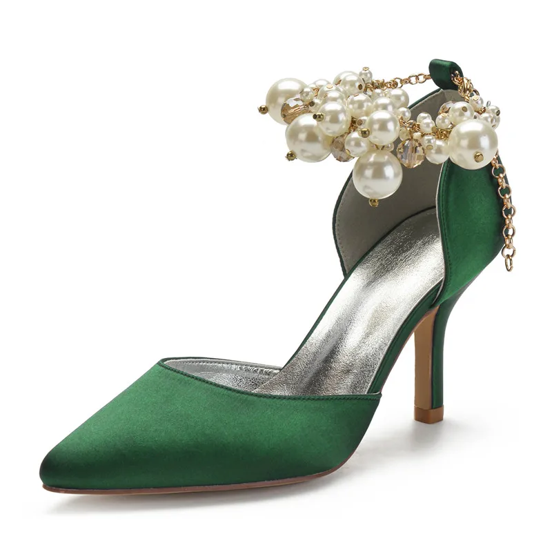 

High Heels Wedding Shoes for Bride Pointed Toe Satin Pearls Women Pump Heels Shoes for Prom Evening Cocktail/Pageant