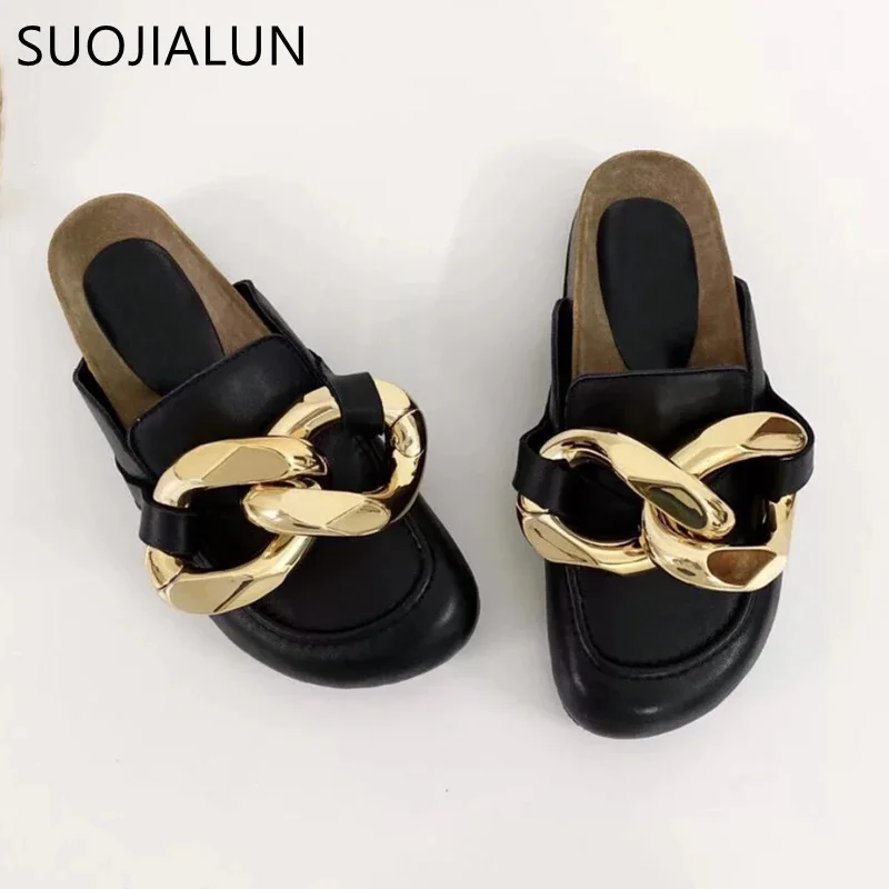 

Brand Design Women Slipper Fashion Big Gold Chain Sandals Shoes Round Toe Slip On Mules Flat Heel Casual Slides Flip F