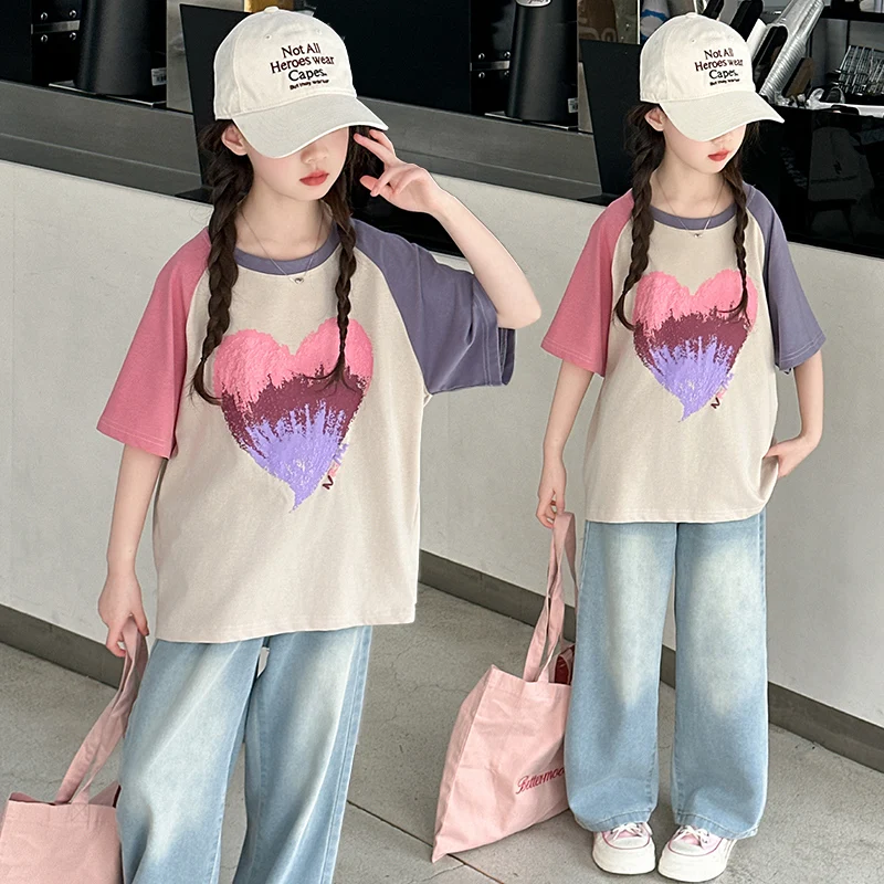 Mädchen T-Shirt Sommer 2026 Farbblock Herz-Print Oberteile Süß Niedlich Locker Bequeme Kinderkleidung