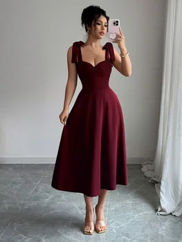 Women's elegant shoulder strap tie design, cinched waist, large A-line long dress, suitable for dates and parties 1