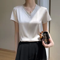 2024 Summer Basic Solid Women's T-Shirts V-Neck Short Sleeve Tees Tops  Satin Silk Elegant Thin Shirts for Female - Image 4