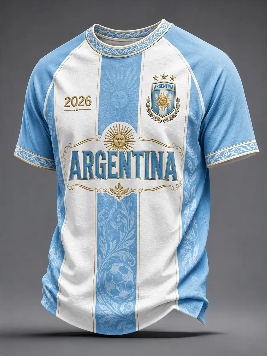 Familien-Partnerlook: Inspiriert vom argentinischen Sonnenmuster – Fußball-T-Shirt mit Raglan-Ärmeln, zweifarbigen Bündchen, schneller Feuchtigkeitsableitung, lässiges Sport-Oberteil