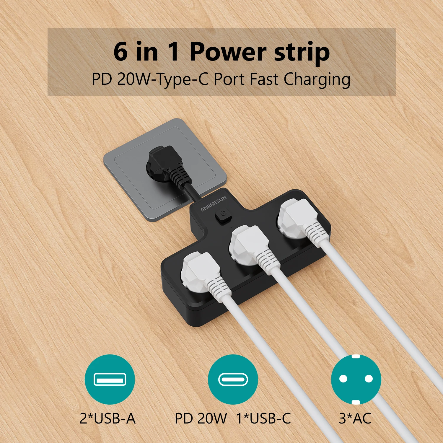 Universal Power Strip with 3 AC Outlets & Multi-Port USB-C Charging – Ideal