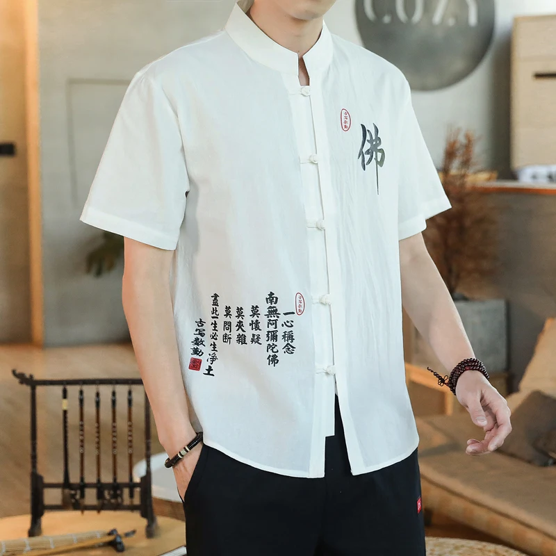 Men Chinese Style Shirts Mens Tops Tang Suit Linen 3/4 Sleeve Solid Traditional Kung Fu China Type Hanfu Shirt Plus Size 4XL 5XL