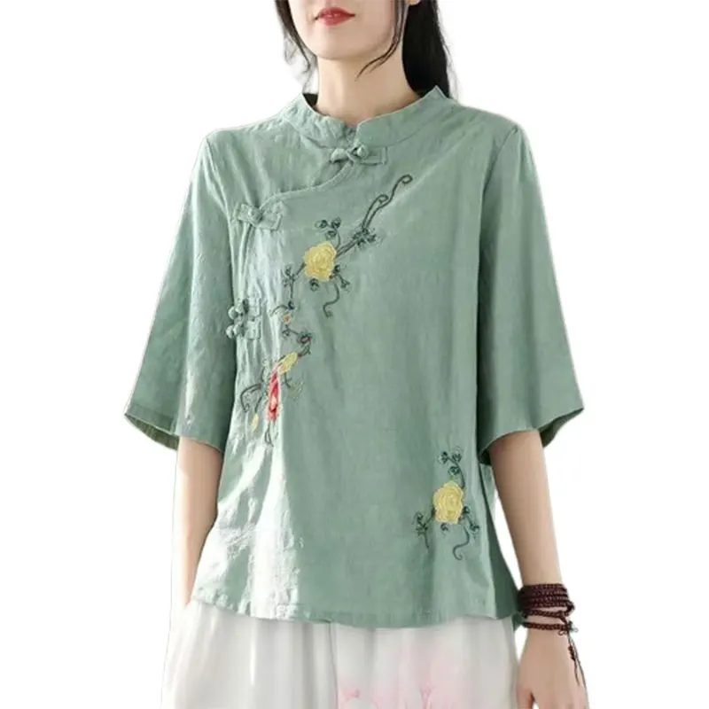 Elegant Fashion Harajuku Slim Fit Female Clothes Loose Casual All Match Tops Women Stand Collar Cotton Linen Solid Insert Shirt