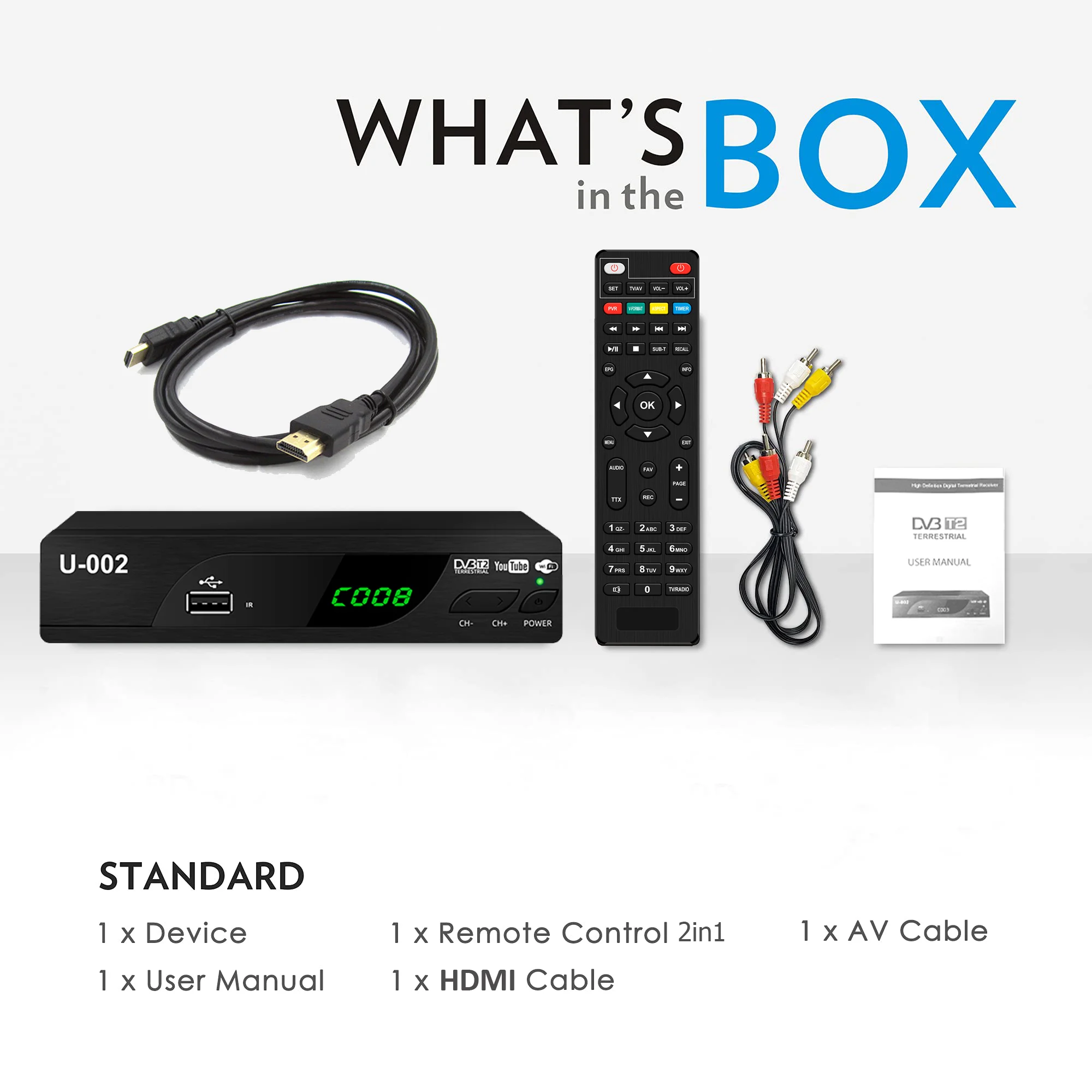 Récepteur de télévision numérique DVB-T2, Tuner de télévision terrestre HD 1080P, canal libre, enregistreur PVR, télécommande 2 en 1