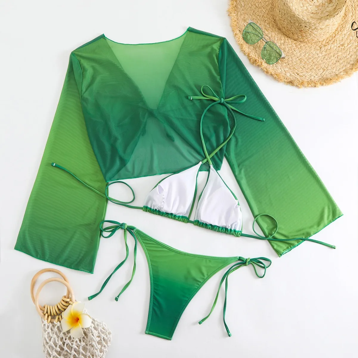 Girls 3pack Thong Bikini with Long Sleeve Cover Ups Kids Swimsuit 7-12 Years Children's Swimwear Teens Bathing Suit Green