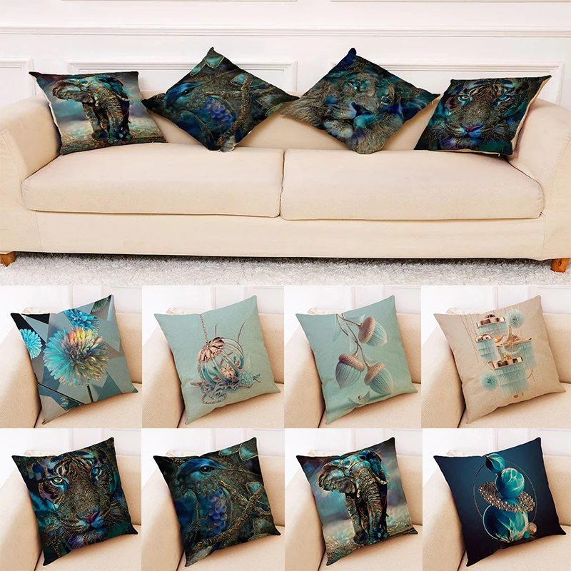 2022 Wildlife Blue Collection High Quality Printed Pillow Cover Premium Place Cushion Cover Linen Material Car Sofa Home Decor