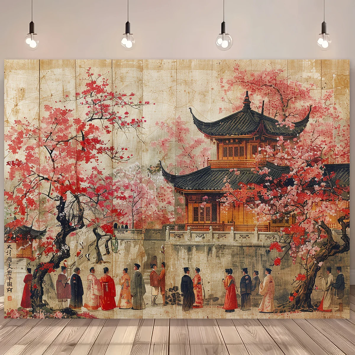 Ein Vintage-Hintergrundstoff mit Kirschblüten und typischem asiatischem Kunstthema, geeignet für kulturelle Veranstaltungen und Heimdekorationen – Detail 6