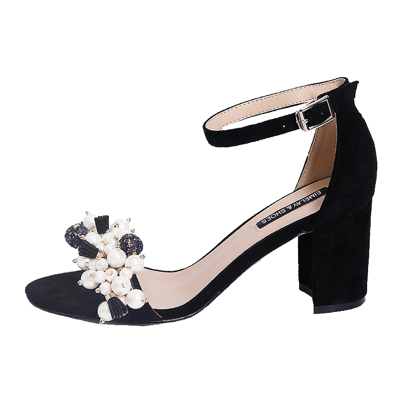 Black Suede Casual Women Sandals Open Toe Chunky Square Heel Pearl Flower Tassel Fashion Summer Shoes Daily Wear Ankle Strap