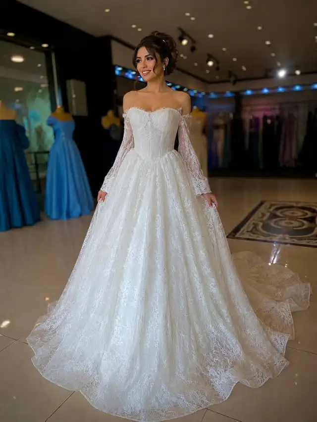 Customized Off Shoulder Wedding Dress Detachable Long Lace Sleeves Sweetheart Corset Back Lace Ball Gown Bridal Dress