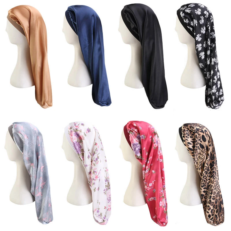 

Long Satin Bonnet Sleep Cap With High Elastic Hair Band Night Cap Hair Care Bonnet Nightcap Women Men New Fashion Chemo Cap