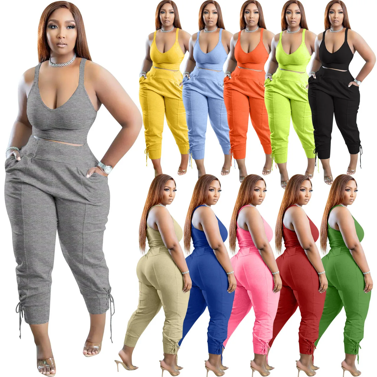 Fashion Summer Women Casual Solid Color Multicolor Deep V Neck Gym Fitness Two-Piece Set Sport Wear Jogging Suit