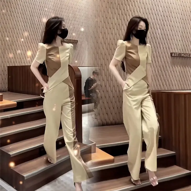 Fashion Set Summer Color Blocking Patchwork Round Neck Top High Waist Age Reducing Slimming Wide Leg Pants Two-piece Set