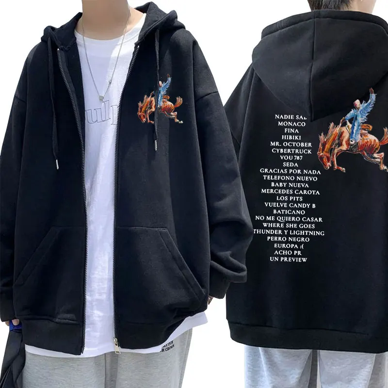 Bad Bunny Nadie Sabe Lo Que Va A Pasar Manana Printed Hoodies Hip Hop Streetwear Fleece Zip-up Hooded Sweatshirt Jacket Men's
