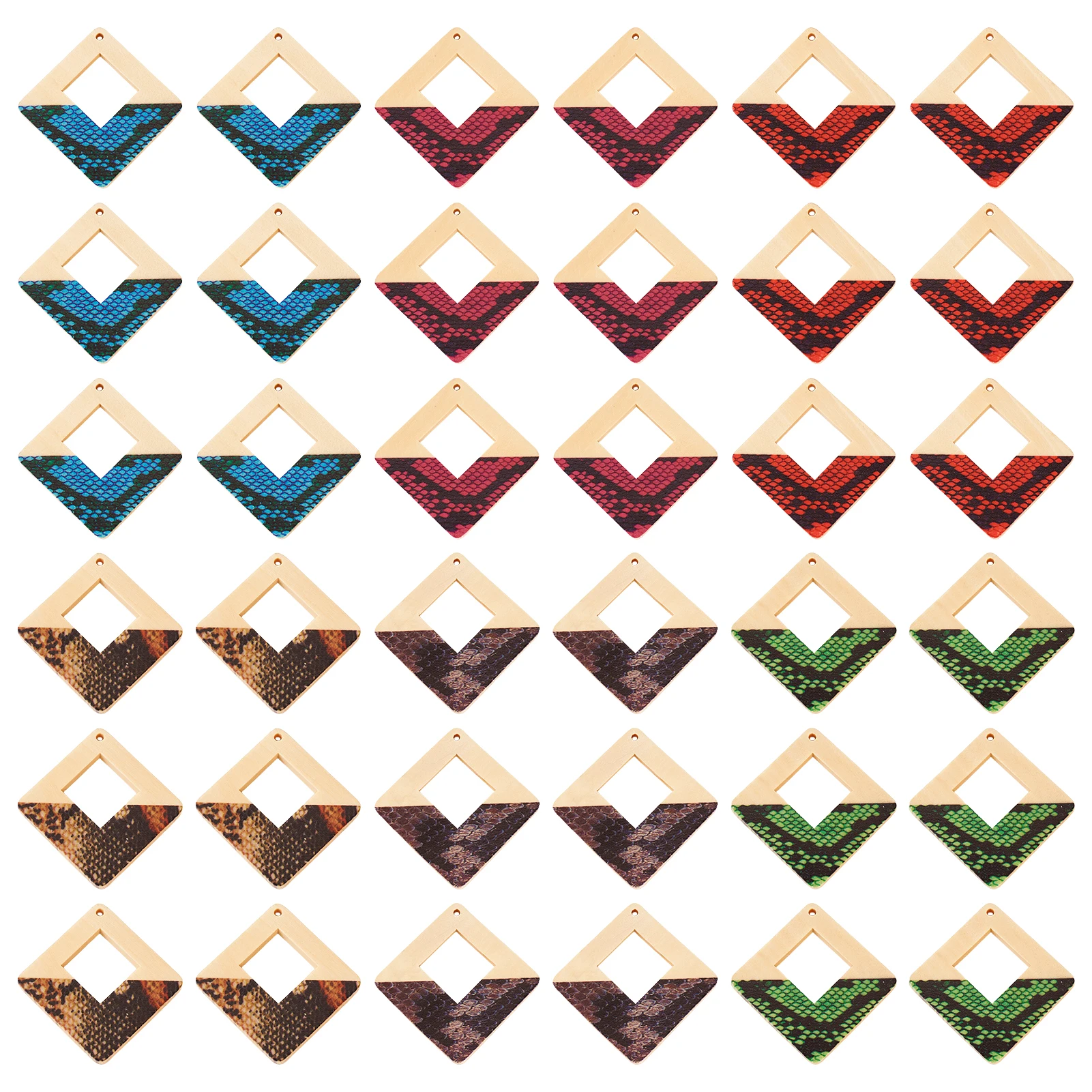 36Pcs Painted Wood Big Pendants Double-Sided Leopard Print Rhombus Charm for DIY Dangle Earrings Jewelry Making