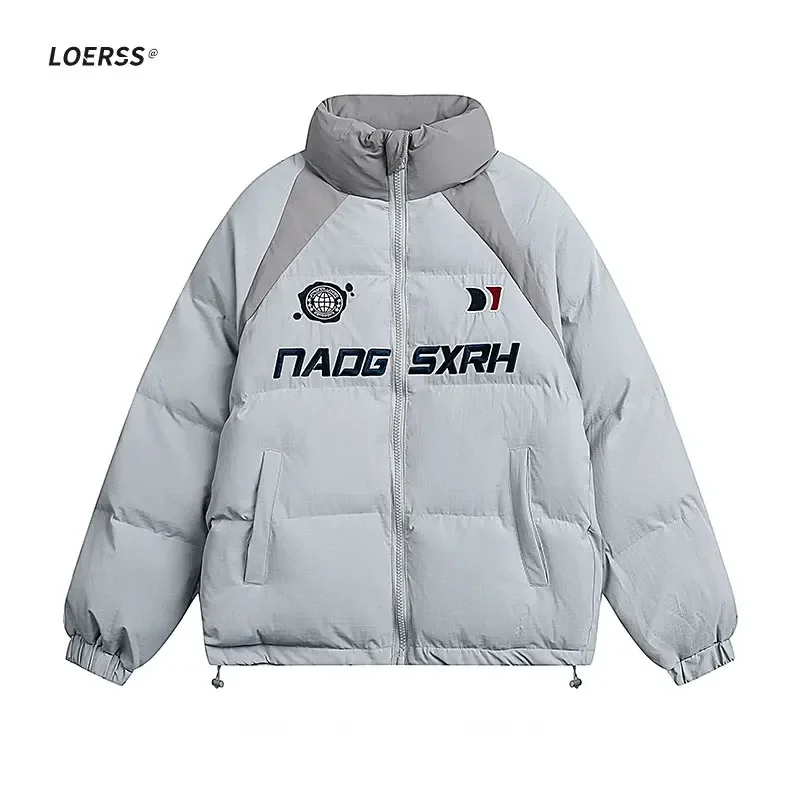 LOERSS Bomber Jacket Embroidery Contrasting Puffer Winter Thick Warm Men and Women Parka Versatile Casual Unisex Couple Coat inxyz 2021winter couple fashion jacket men s clothing solid color plus size warm parka coat korean trend casual style unisex