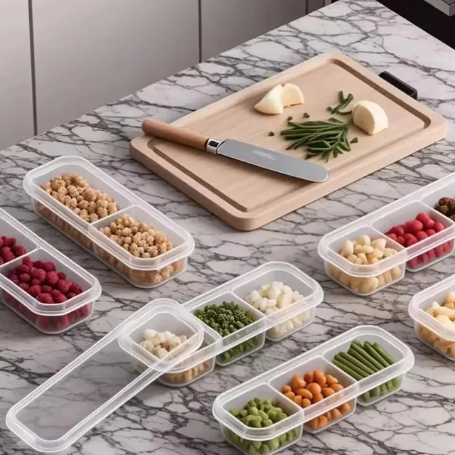 Boîte de conservation alimentaire transparente avec couvercles transparents, empilable, pour réfrigérateur, 3/2 compartiments 1