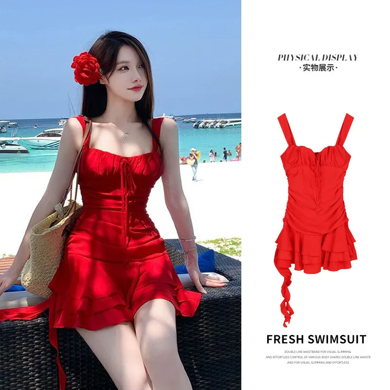 Red One Piece Swimsuit Swim Dress For Women Beach Vacation Hot Spring Swimwear Brightening Effect Summer Holiday Activities