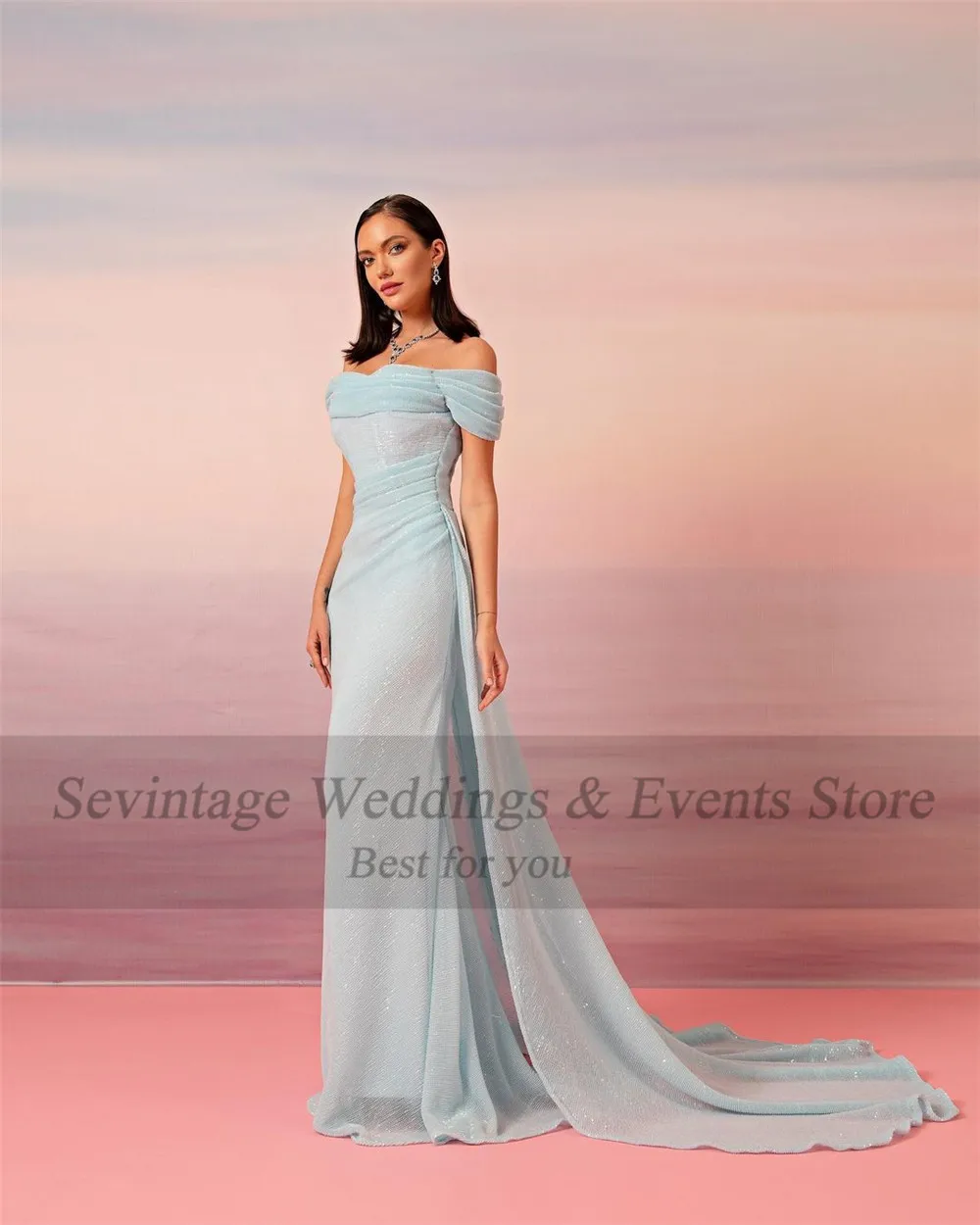 Sevintage Baby Blue Saudi Arabic Prom Dresses Off The Shoulder Formal Evening Gowns Floor Length Dubai Women Party Dresses 2023