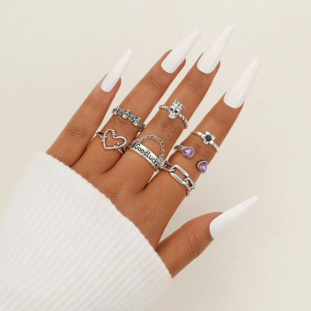 

New Retro Love Oil Dripping Ring Love Skull Rose Letters Ring 7-Piece Set
