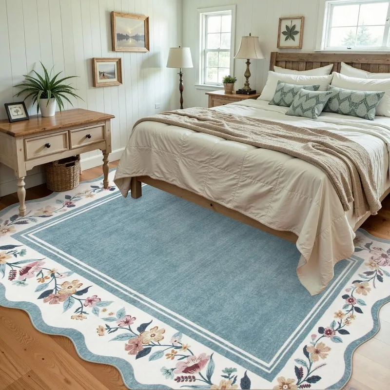 Green Irregular Living Room Carpet Retro Floral Print Bedroom Rug Light Luxury Art Machine Washable Coffee Table Mat Alfombra 러그