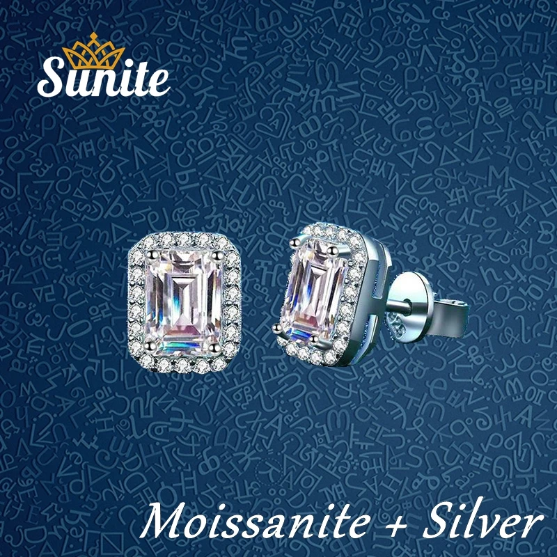 

Sunite 2.0ct 4.0ct Moissanite Diamond Rectangle Stud Earrings for Women Radiant Emerald Cut Engagement 925 Sterling Silver Gifts