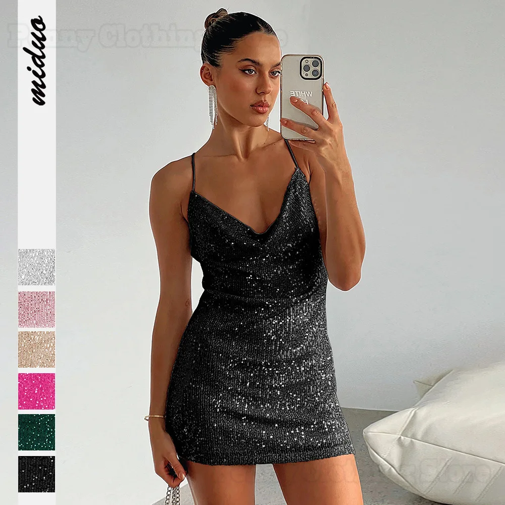 

2024 New Sexy Hot Girl Sequined Hip Skirt Autumn European And American Dress Backless Dress Sequined Suspender Skirt