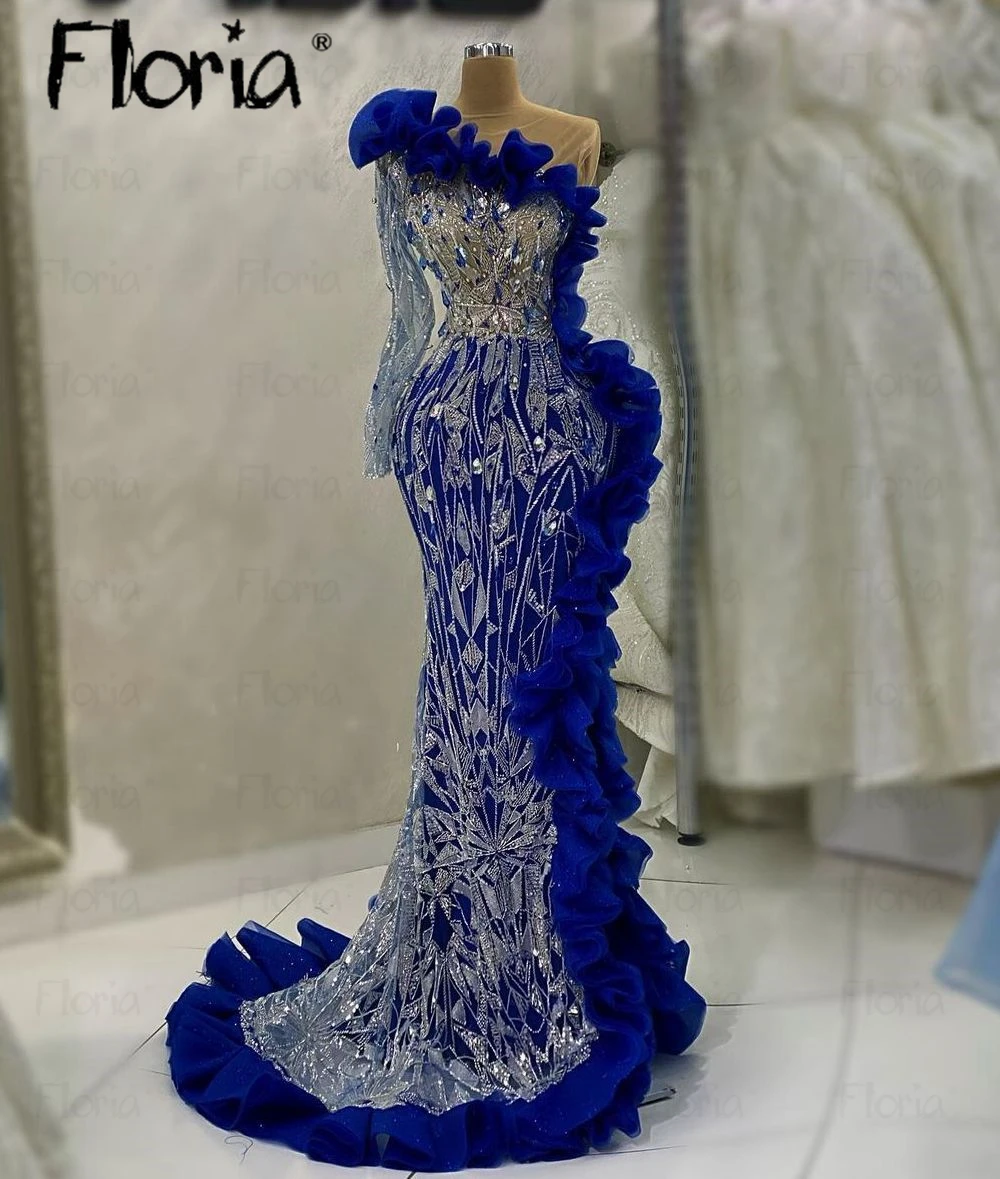 

Royal Blue Tulle Ruffles Beaded Evening Dress Arabic One Shoulder Luxury Wedding Guest Party Dress Dubai Women Formal Night Gown