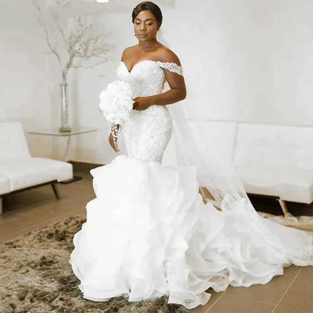 

Elegant Mermaid Tiered Ruffles Wedding Dress Sweetheart Off the Shoulder Short Sleeves Bridal Backless Sweep Train Gowns Robe