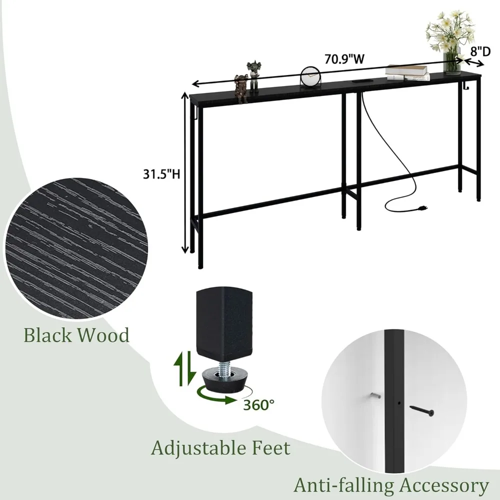 70 Inch Narrow Console Table with Outlet, Skinny Sofa Table Narrow Long Behind Couch