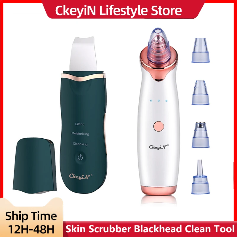 CkeyiN Ultrasonic Facial Skin Scrubber Ion Deep Face Clean+ Electric Vacuum Suction Blackhead Extractor Clean Tool with 4 Probe 1set fan with tube for air circulation power tools efficient usb solder smoke absorber esd fume extractor fan replacement parts