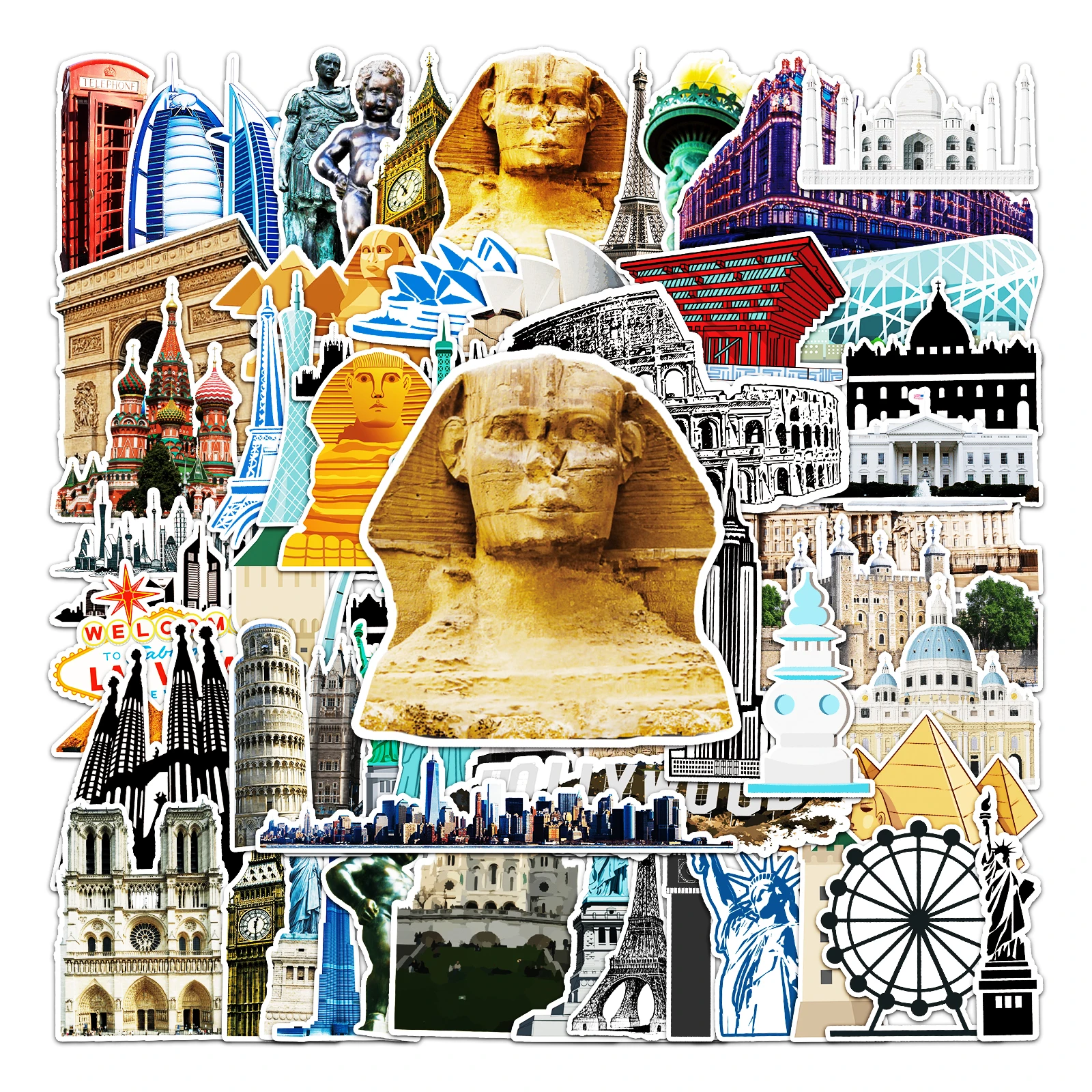 

50Pcs Landmark series Cartoon Cute Waterproof Sticker Skateboarding Snowboard Retro Vinyl Sticker