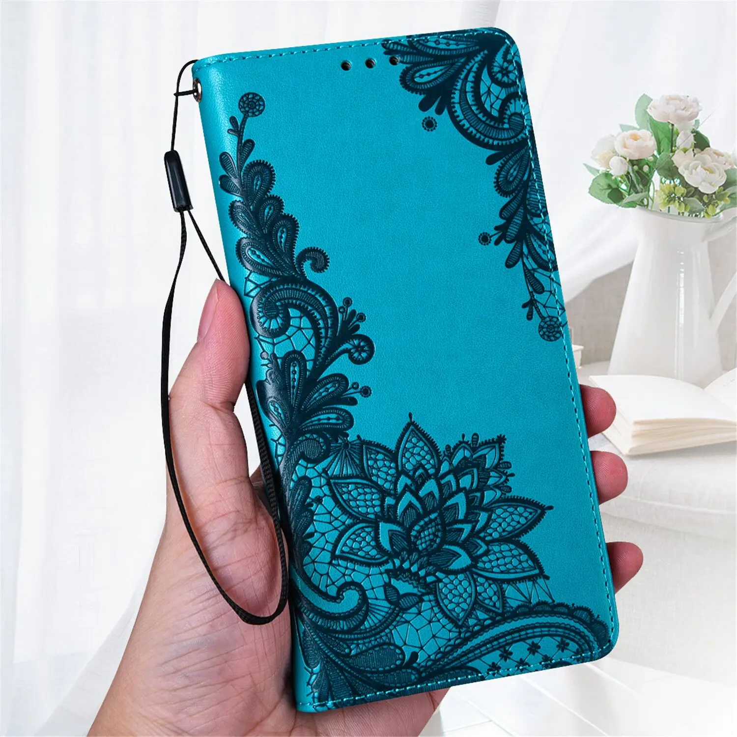 Luxury Leather Lace Embossed Flip Wallet Phone Case with Stand Feature
