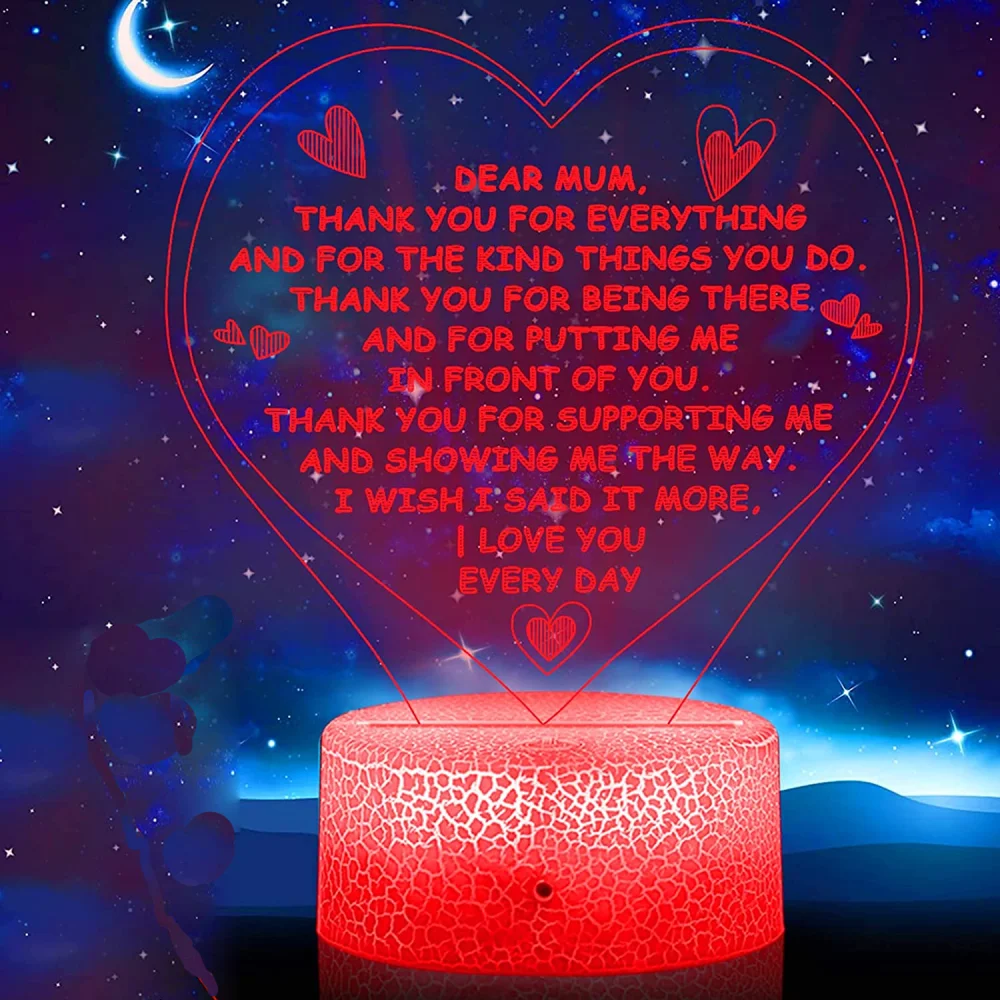 

Mother's Day Gift 3D Heart Night Light I Love You Mum Night Lamp for Bedroom Bedside Desk Decorative Lamps Present for Mom