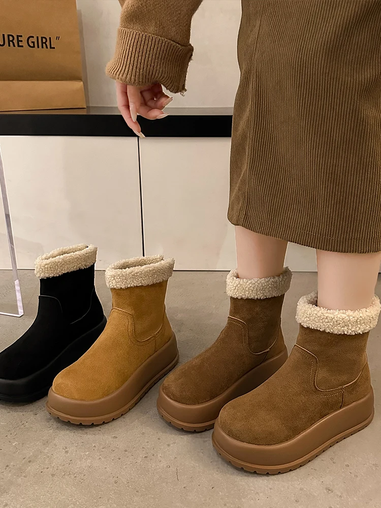 

Zipper Round Toe Women's Leather Boots Plush Shoes Winter Footwear Flat Heel Australia Boots-Women Fur Rubber 2023 Ladies Lolita
