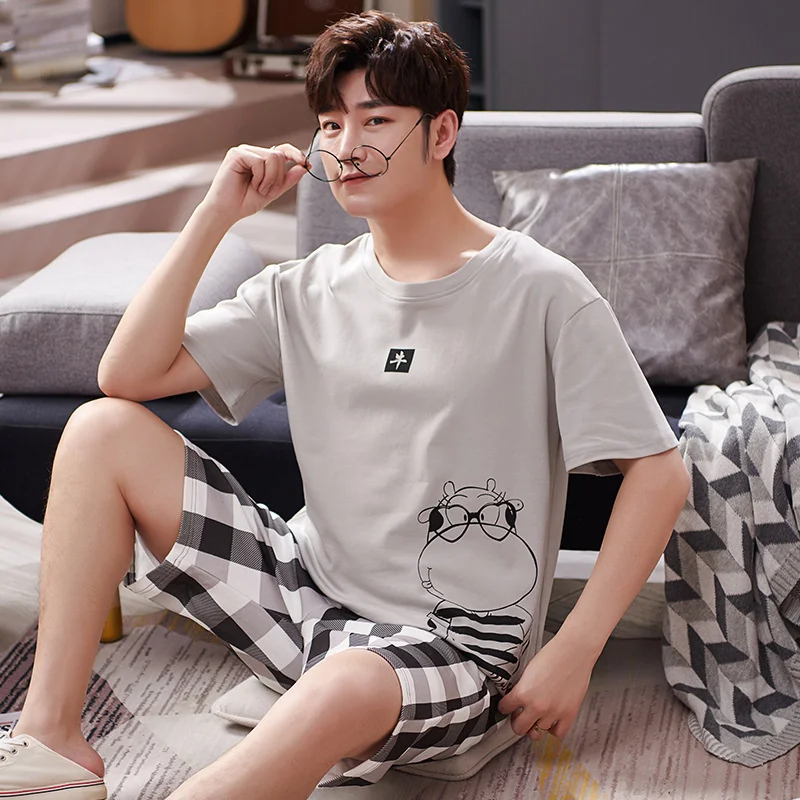 2022 New Summer Pajamas Men's Cotton Short Sleeved Shorts Spring And Autumn  Youth Large Size Home Clothes Can Be Worn Out