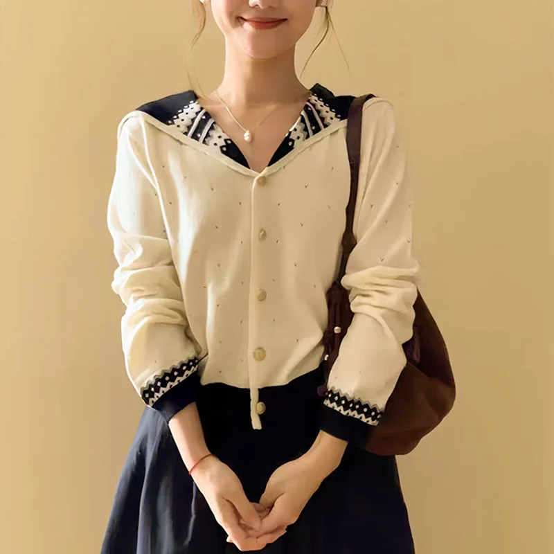 Autumn Women Long Sleeve Sailor Collar Elegant Knitted Cardigan Sweater 2025 Fashion Winter Casual Korean Style Knitwear