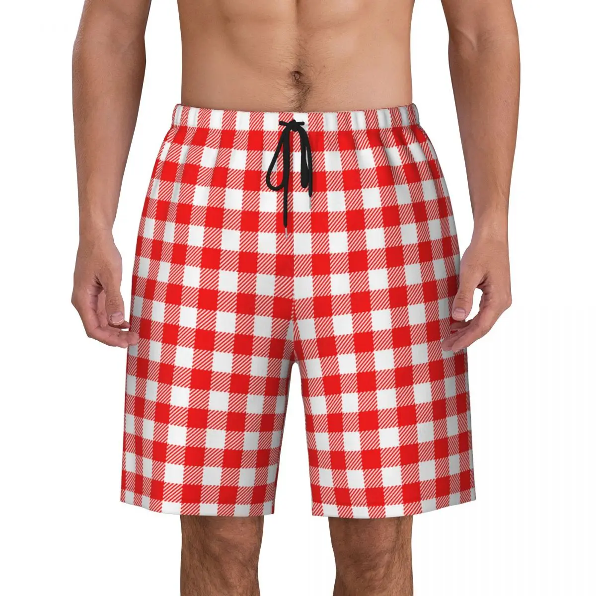 

Red Plaid Checkered Style Print Men's Swim Trunks Quick Dry Swimwear Beach Board Shorts Boardshorts