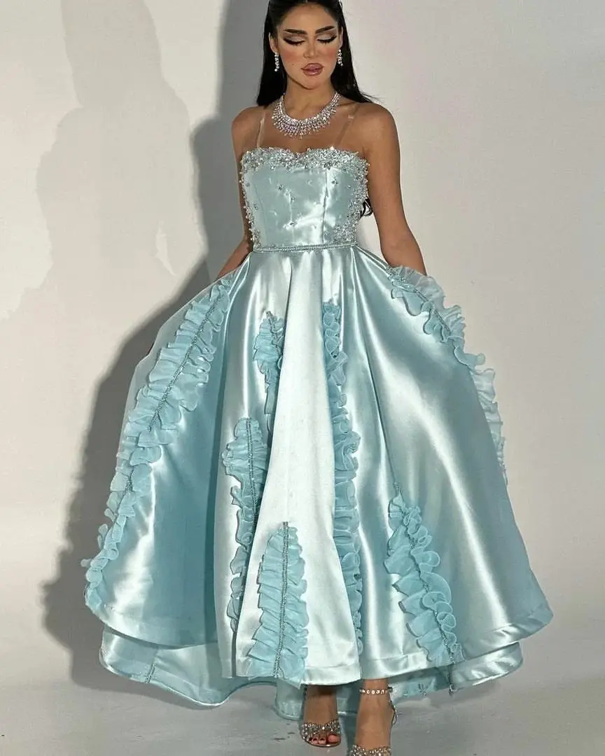 

Sky Blue Dubai Arab Evening Dresses Strapless Prom Dresses Beadings 3D Flowers Pleated Floor Length Formal Women Party Gowns