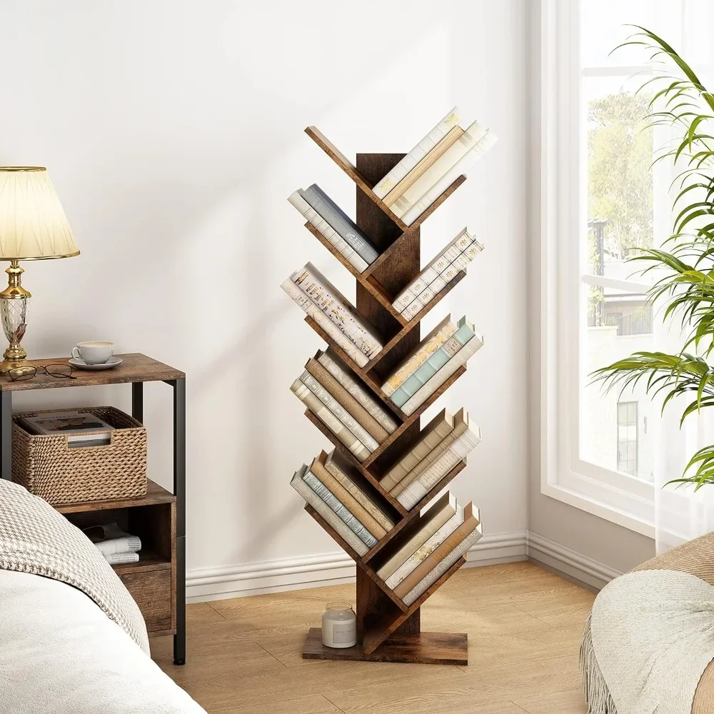 Tree Bookshelf, 10 Shelf Bookcase, Free Standing Tree Bookcase, Display Floor Standing Shelf for Books, Bookshelf Organizer