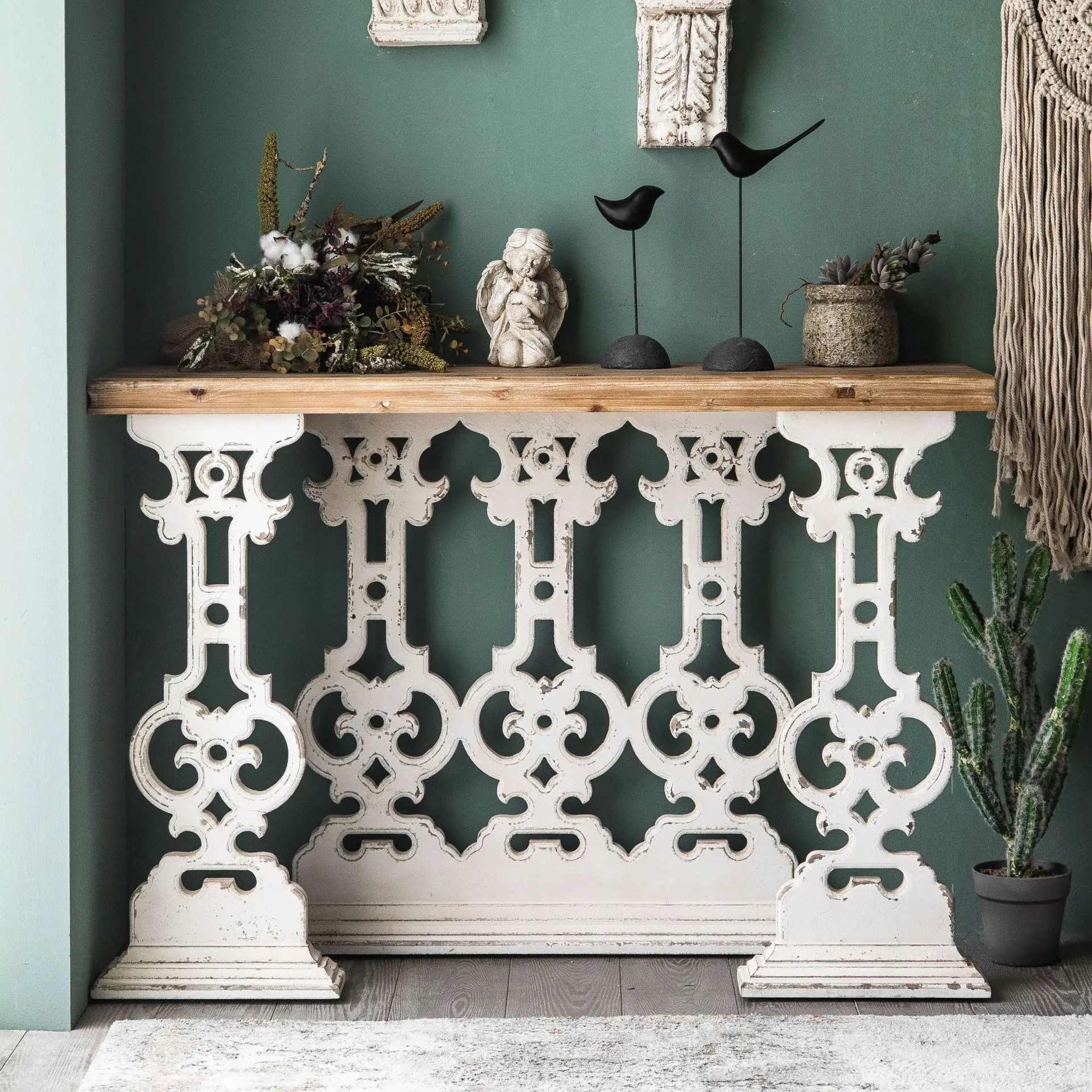 Vintage Farmhouse Console Table 120cm Fir Wood Top White Carved Legs Entryway Sofa Table