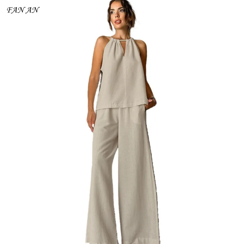 Fashion Suspender High Waisted Wide Leg Pants Casual Women's Set 2024 Summer and Autumn New Solid Color Versatile Two-piece Set