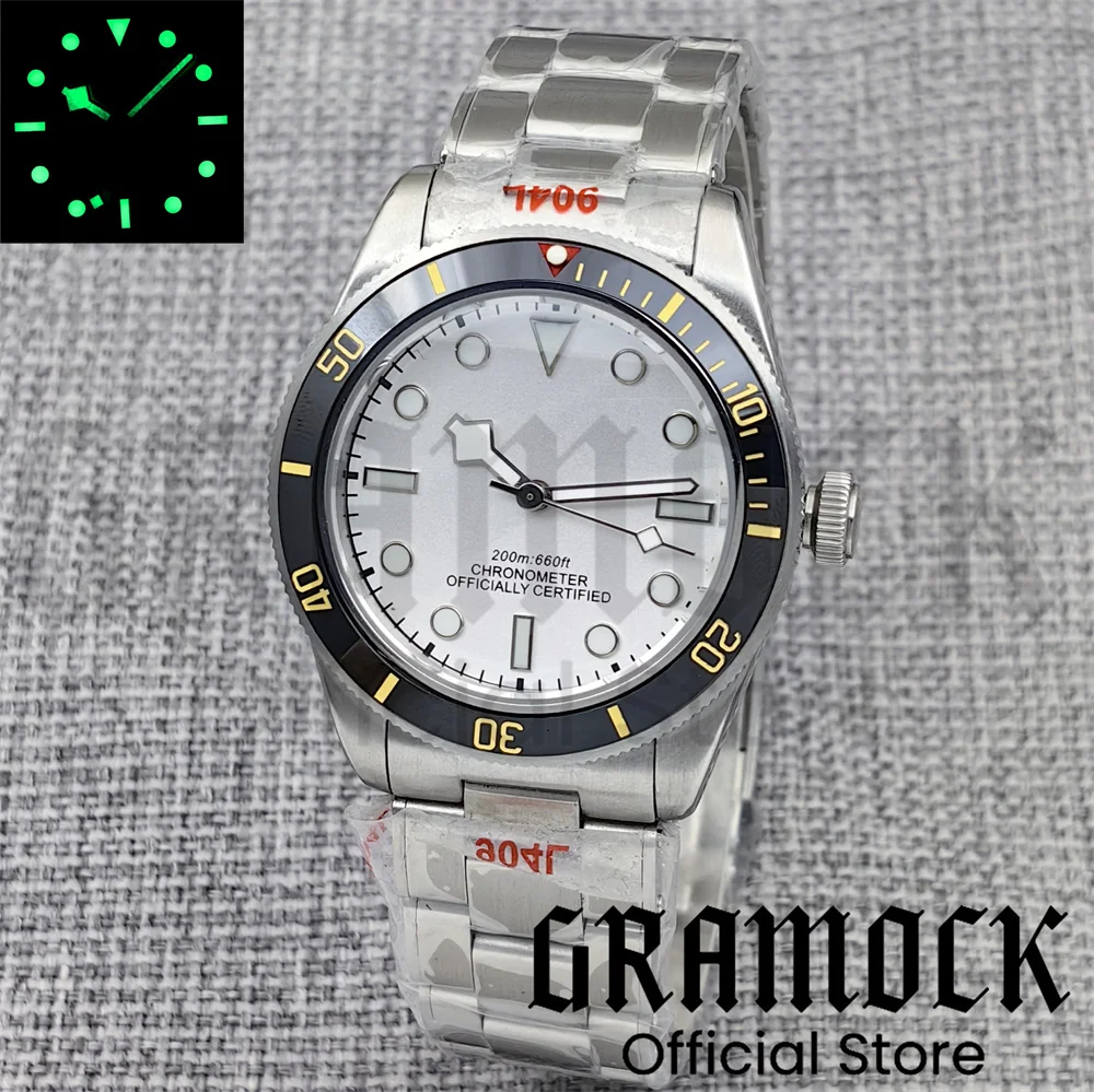 Gramock 39mm Men's Silver Vintage Mechanical Diving WristWatch Dome Sapphire Luminous NH35/PT5000 Automatic 10Bar Waterproof