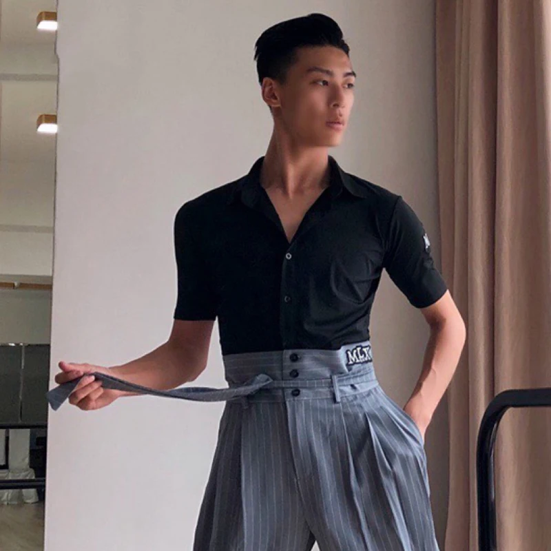 Dance Shirts Latin Dance Tops For Men Short Sleeved V-Neck Shirts Chacha Rumba Tango Dress Ballroom Latin Practice Clothes DQS13243