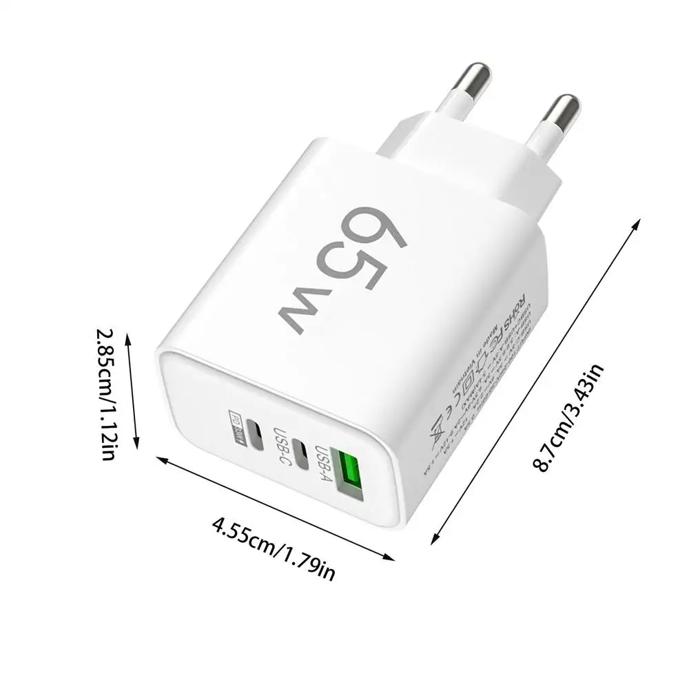 בלוק מטען USB מרובה יציאות 65W עם תקע EU, טעינת טלפון USB מרובה יציאות 1 USB2 PD, בלוק מטען קיר USB