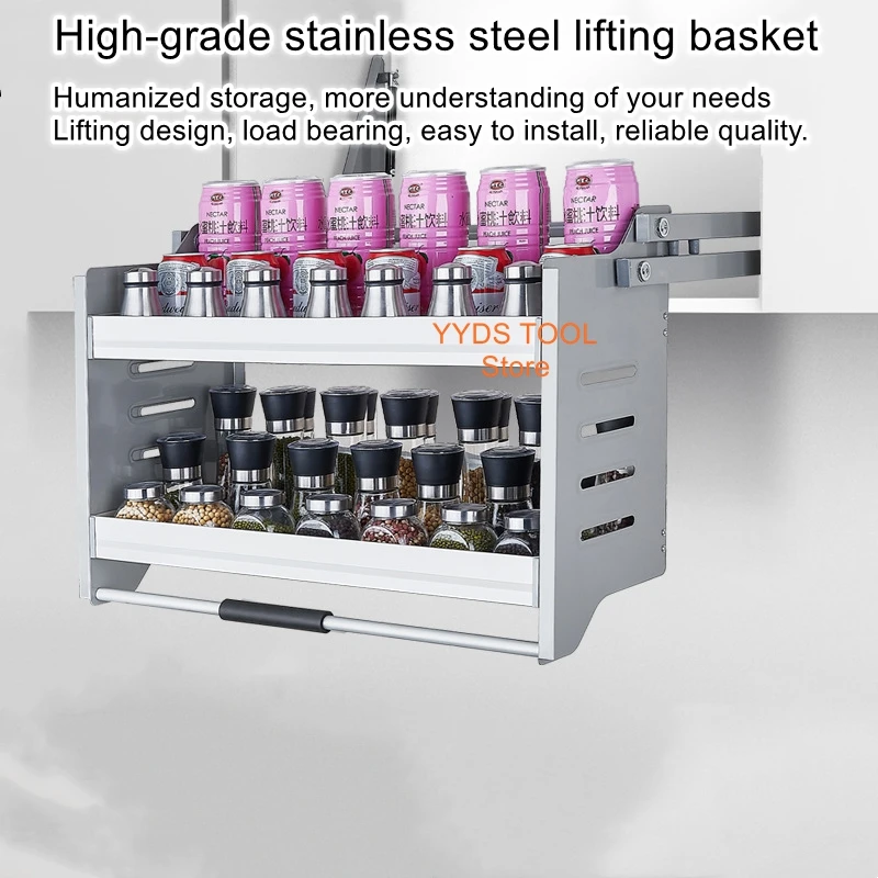 Hanging Cabinet Lifting Basket Kitchen Pull Down Cabinet Seasoning Basket Organizer Stainless Steel Aluminum Shelf