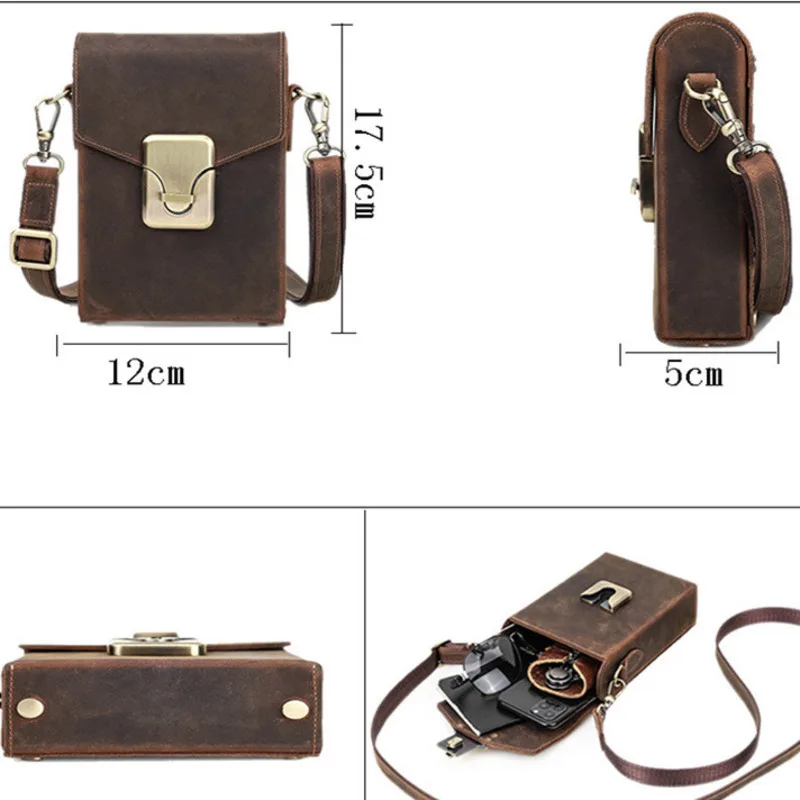 British Style Crazy Horse Genuine Leather Handbags Fashion Trend Lock Single Shoulder Slant Cross Casual Men's Phone Bag Female