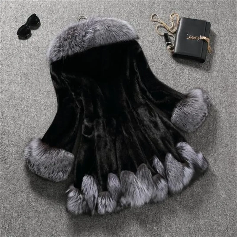 Faux Fur Coat Women's Autumn and Winter Mink Fur Coat Fox Collar Hooded Jacket Top Fur Women's Autumn and Winter Faux Fur Coat